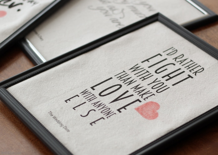 Romantic Movie Quotes Valentine Printables - Create easy and fun Valentine décor with these custom printed canvases featuring romantic movie quotes from Pride and Prejudice, Notting Hill, Bridget Jones Diary, and The Wedding Date. All you need is an inkjet printer for this easy craft. Free printables. Romantic movies. Valentines Day. 