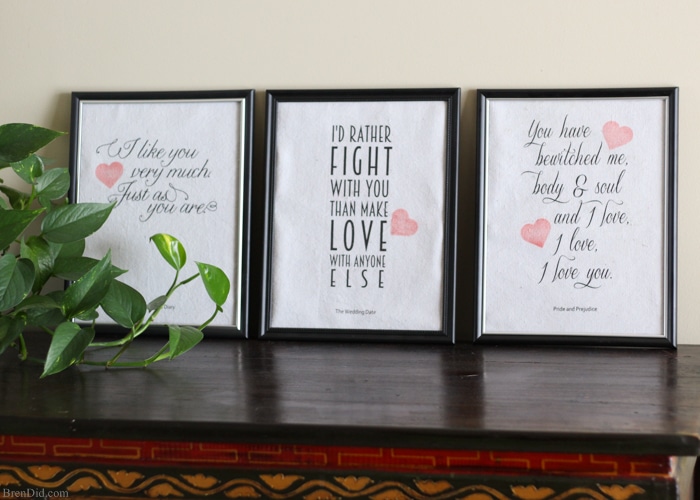 Romantic Movie Quotes Valentine Printables - Create easy and fun Valentine décor with these custom printed canvases featuring romantic movie quotes from Pride and Prejudice, Notting Hill, Bridget Jones Diary, and The Wedding Date. All you need is an inkjet printer for this easy craft. Free printables. Romantic movies. Valentines Day.