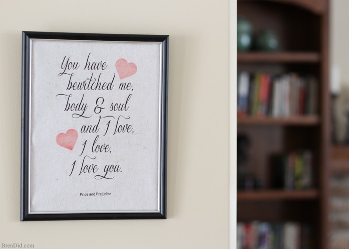 Romantic Movie Quotes Valentine Printables - Create easy and fun Valentine décor with these custom printed canvases featuring romantic movie quotes from Pride and Prejudice, Notting Hill, Bridget Jones Diary, and The Wedding Date. All you need is an inkjet printer for this easy craft. Free printables. Romantic movies. Valentines Day.