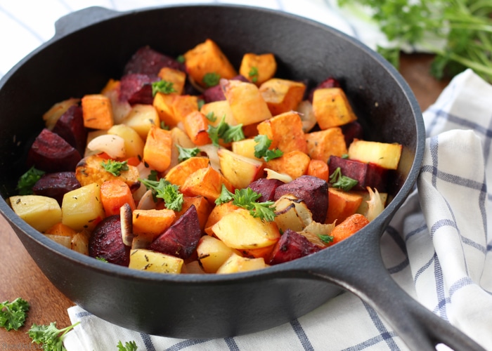 Easy Oven Roasted Root Vegetables are a healthy and delicious side dish. Easy and colorful vegetable side dish. Perfect for for any meal. Vegan, vegetarian, real food for Easter Thanksgiving, Christmas, and more!