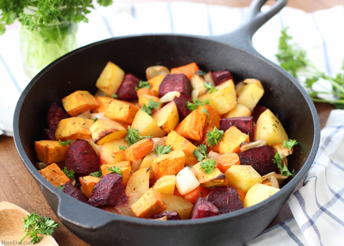 Easy Oven Roasted Root Vegetables are a healthy and delicious side dish. Easy and colorful vegetable side dish. Perfect for for any meal. Vegan, vegetarian, real food for Easter Thanksgiving, Christmas, and more!