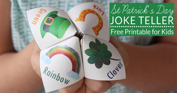 A joke teller is a great St. Patrick’s Day treat for kids. The free printable project (with easy folding instructions) takes less than 5 minutes to complete. The joke teller (sometimes called a cootie catcher or fortune teller) contains 8 fun St. Patrick’s Day jokes for kids and fun Saint Patrick’s Day designs. It’s the perfect non-candy treat for all ages.