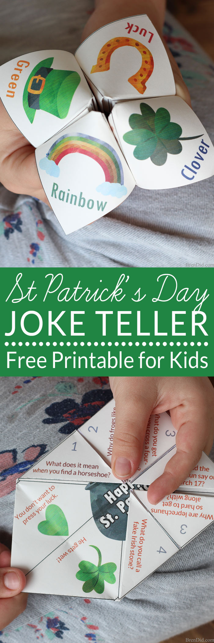 A joke teller is a great St. Patrick’s Day treat for kids. The free printable project (with easy folding instructions) takes less than 5 minutes to complete. The joke teller (sometimes called a cootie catcher or fortune teller) contains 8 fun St. Patrick’s Day jokes for kids and fun Saint Patrick’s Day designs. It’s the perfect non-candy treat for all ages.