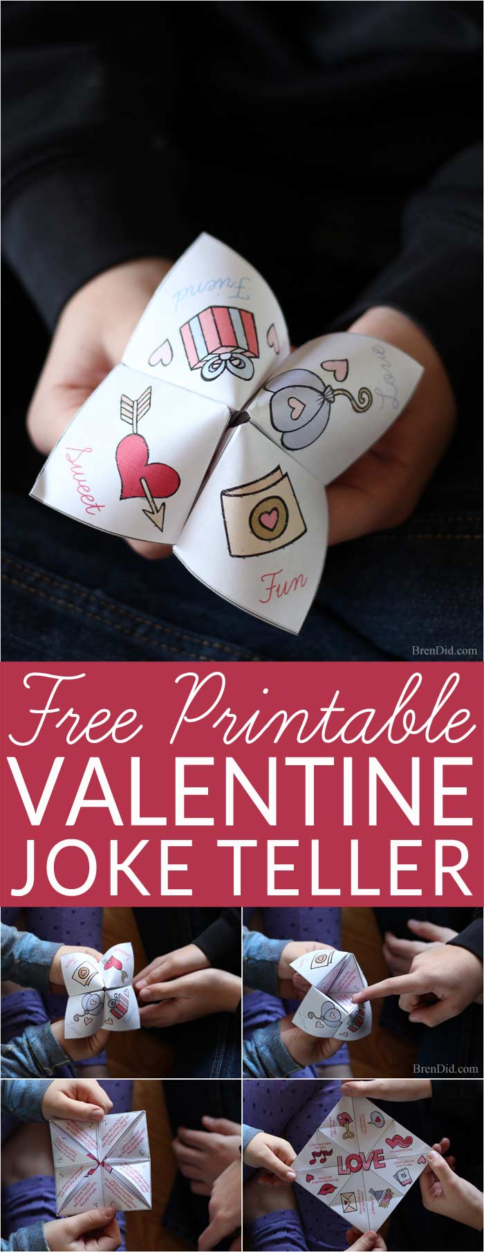 Humor and paper crafts combine in this hilariously fun fortune teller (cootie catcher) filled with silly Valentine jokes. Get your free printable Valentine Joke Teller for non-candy Valentines.