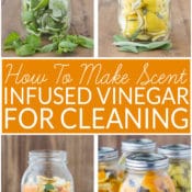 How to Make Scented Vinegar for Cleaning- This DIY cleaner made with citrus peels and herbs is easy to make and non-toxic. It cuts through grease with ease. Combines the cleaning power of vinegar and citus oil. If you love using vinegar for green cleaning but want to make it smell better, try this! All-natural, non-toxic cleaning. No essential oils.