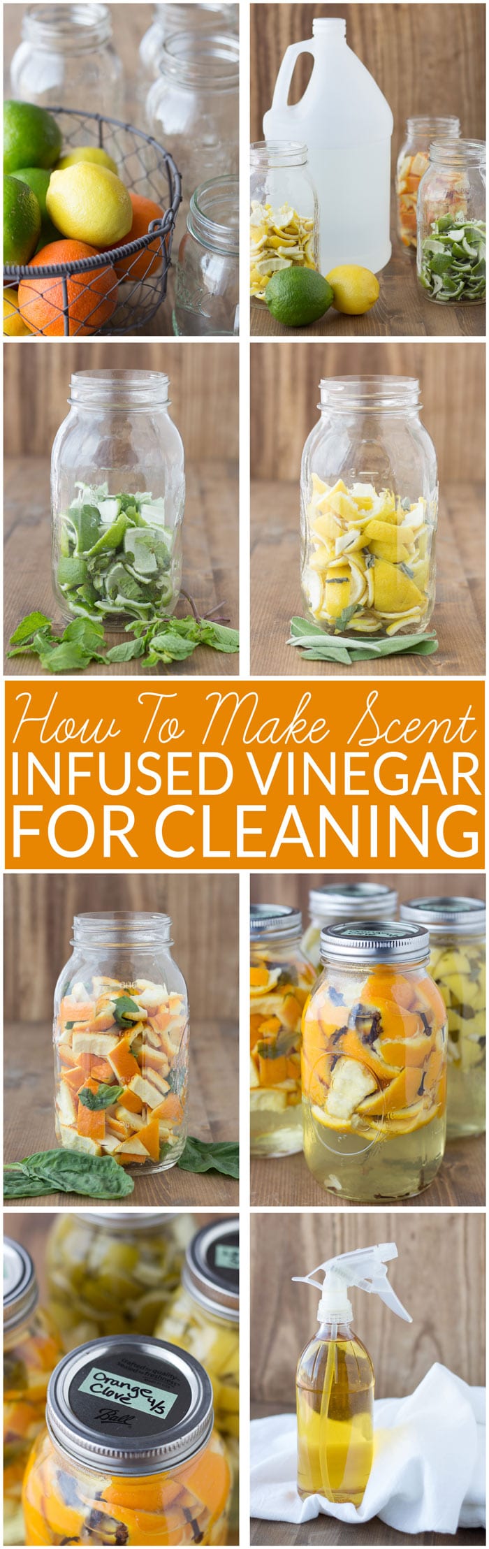 How to Make Scented Vinegar for Cleaning- This DIY cleaner made with citrus peels and herbs is easy to make and non-toxic. It cuts through grease with ease. Combines the cleaning power of vinegar and citus oil. If you love using vinegar for green cleaning but want to make it smell better, try this! All-natural, non-toxic cleaning. No essential oils.