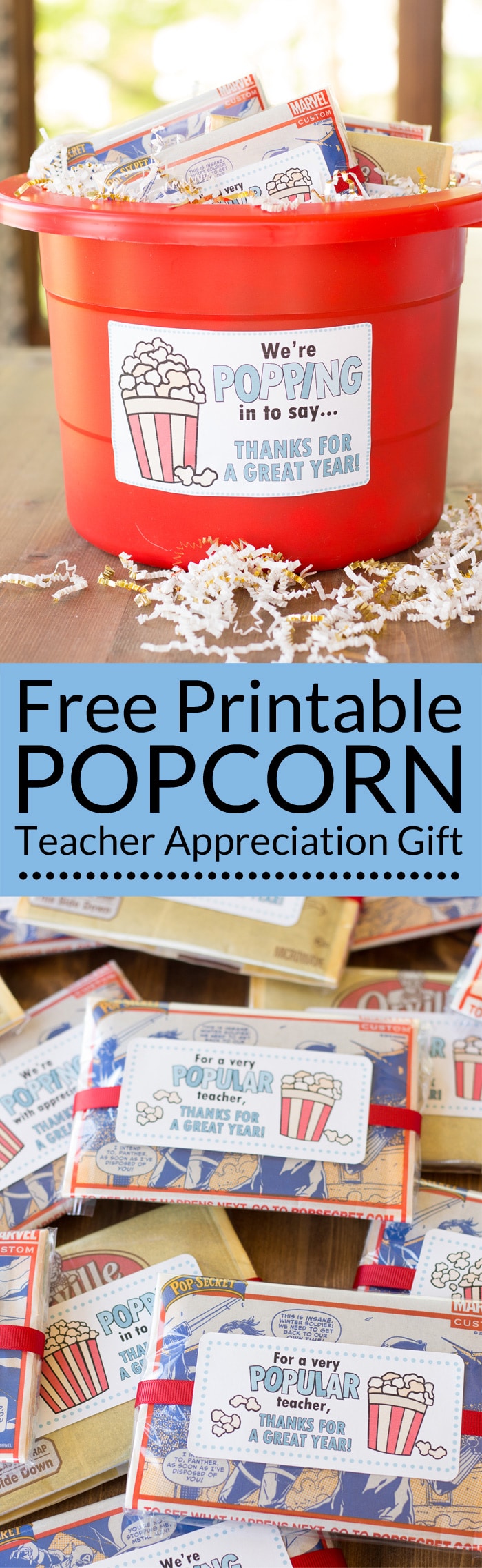 The end of school year is approaching! Tell your teacher thank you with this easy teacher appreciation gift and free printable gift tag featuring a fun popcorn puns: for a very popular teacher, we’re popping with appreciation, and popped in to say thanks. Great idea for teacher appreciation week or end of year teacher gifts. DIY Teacher Gifts, Simple Teacher Appreciation Gift, Teacher Appreciation Gift Ideas.