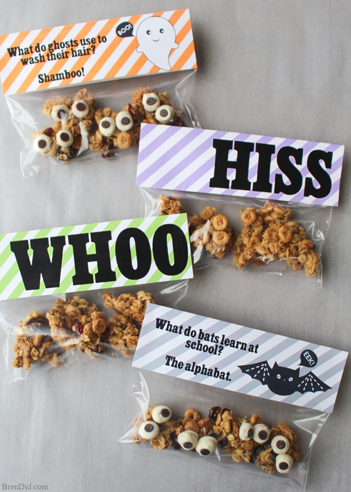 Need a tasty snack kids love? Maple Nut Granola Clusters are a sweet treat made with pure maple syrup. They are a fun alternative to store bought candy and that make healthy Halloween treats. DIY Edible Chocolate Eyeballs & free printable Halloween Goodie Bag Toppers turn them into granola monsters. Perfect Healthy Halloween Treats for Kids.