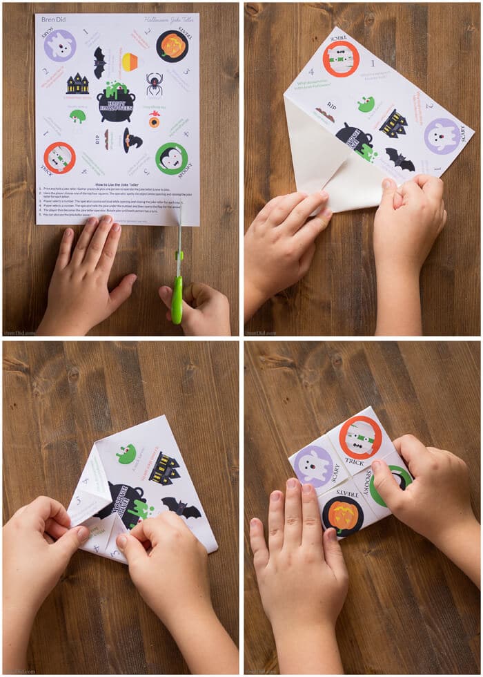 Halloween Joke Tellers for Kids - Make easy Halloween cootie catchers with your kids for a delightful Halloween treat that focuses on fun not sugar or candy. Free printable Halloween craft for kids. Halloween fortune Tellers. Healthy Halloween treat for kids.