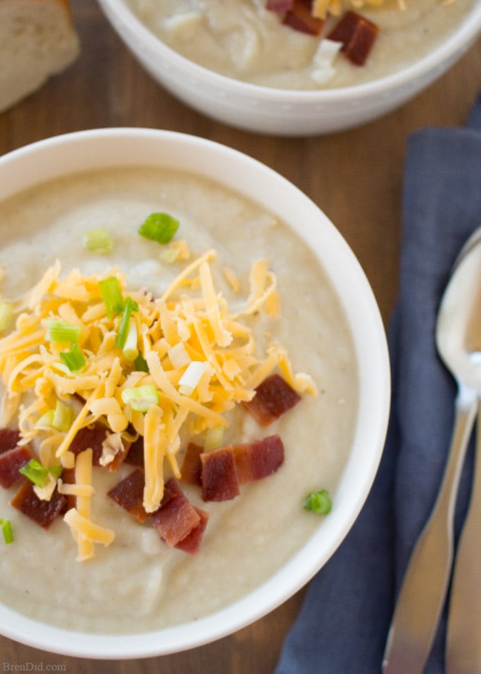 Ultimate light potato soup for the crock pot is an easy, healthy and delicious dinner choice that is sure to please your family. It’s easy on your budget and knocks 370 calories per serving off the original. Try this healthy crock pot recipe today!