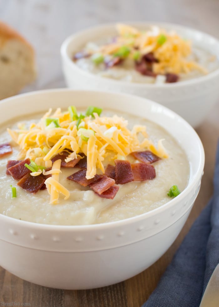 Ultimate light potato soup for the crock pot is an easy, healthy and delicious dinner choice that is sure to please your family. It’s easy on your budget and knocks 370 calories per serving off the original. Try this healthy crock pot recipe today!