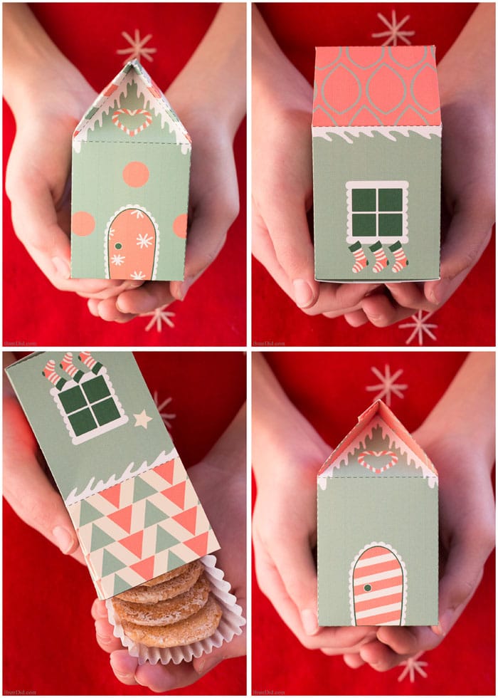 Elf house treat boxes for Christmas. These free printable treat boxes capture the magic of elf villages. They make perfect Secret Santa presents, stocking stuffers, and cookie holders. 