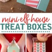 Elf house treat boxes for Christmas. These free printable treat boxes capture the magic of elf villages. They make perfect Secret Santa presents, stocking stuffers, and cookie holders.