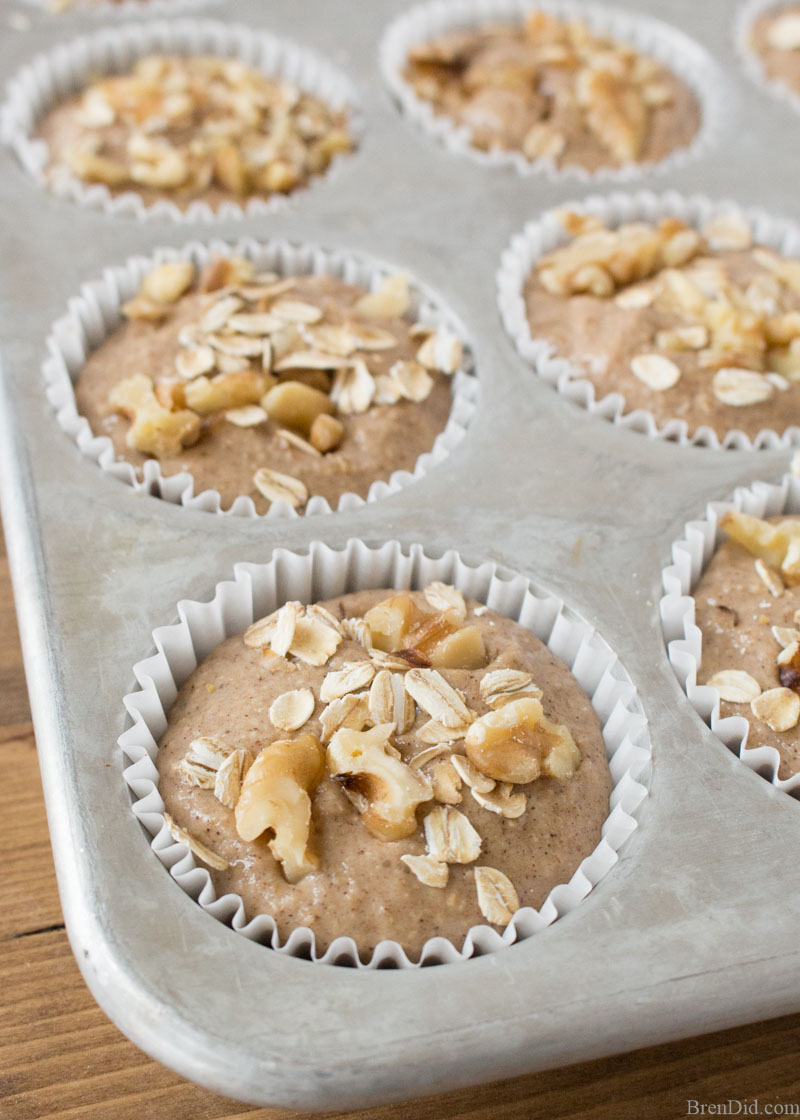 Healthy Banana Oatmeal Muffins Batter in Tin with Nuts