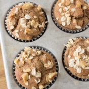 Healthy Banana Oatmeal Muffins in Tin Ovehead