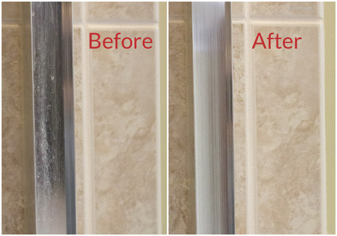 Shower glass before and after using @Scrub Daddy Tangerine clean natur