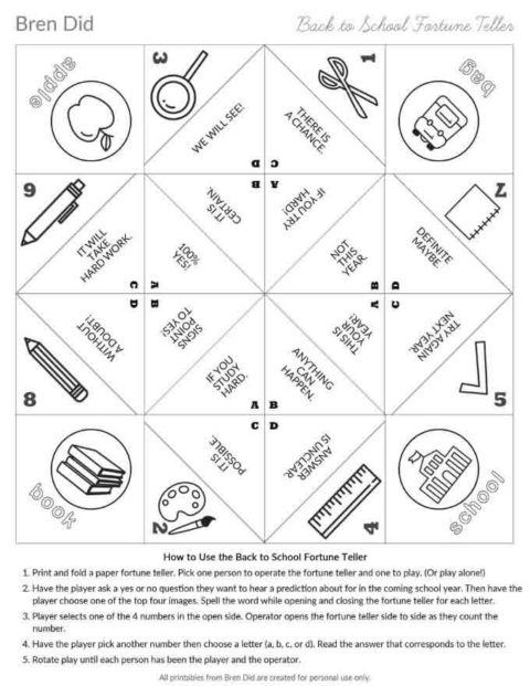 Back to school fortune teller in black and white for coloring