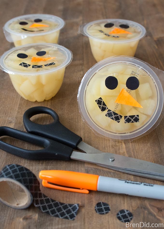 Snowmen Fruit Cups made with washi tape and marker