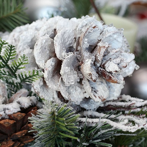 pine cone with spray snow, spray adhesive and crystals 