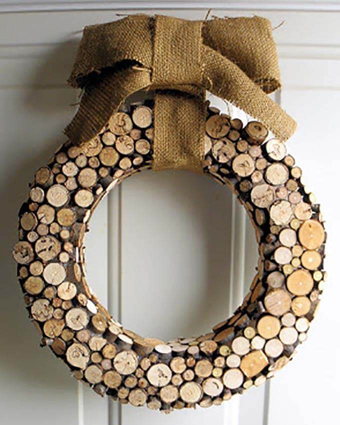 fall wreath made from small wood slices
