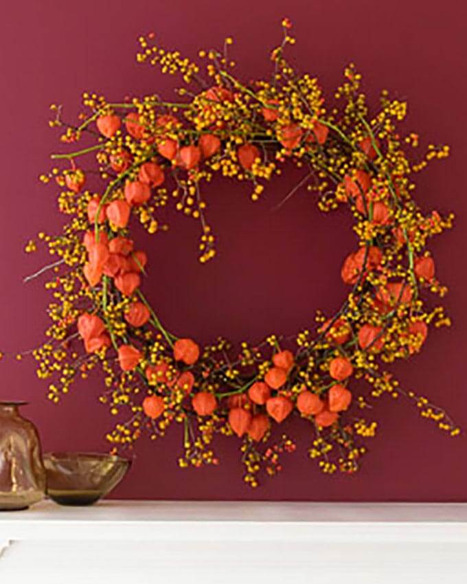 Fall Wreath made with Chinese Lantern Plant and bittersweet