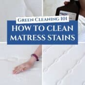 A step-by-step cleaning tutorial collage: Before image shows yellow mattress stains, middle images show spraying hydrogen peroxide and sprinkling baking soda, and After image shows a clean, stain-free mattress.